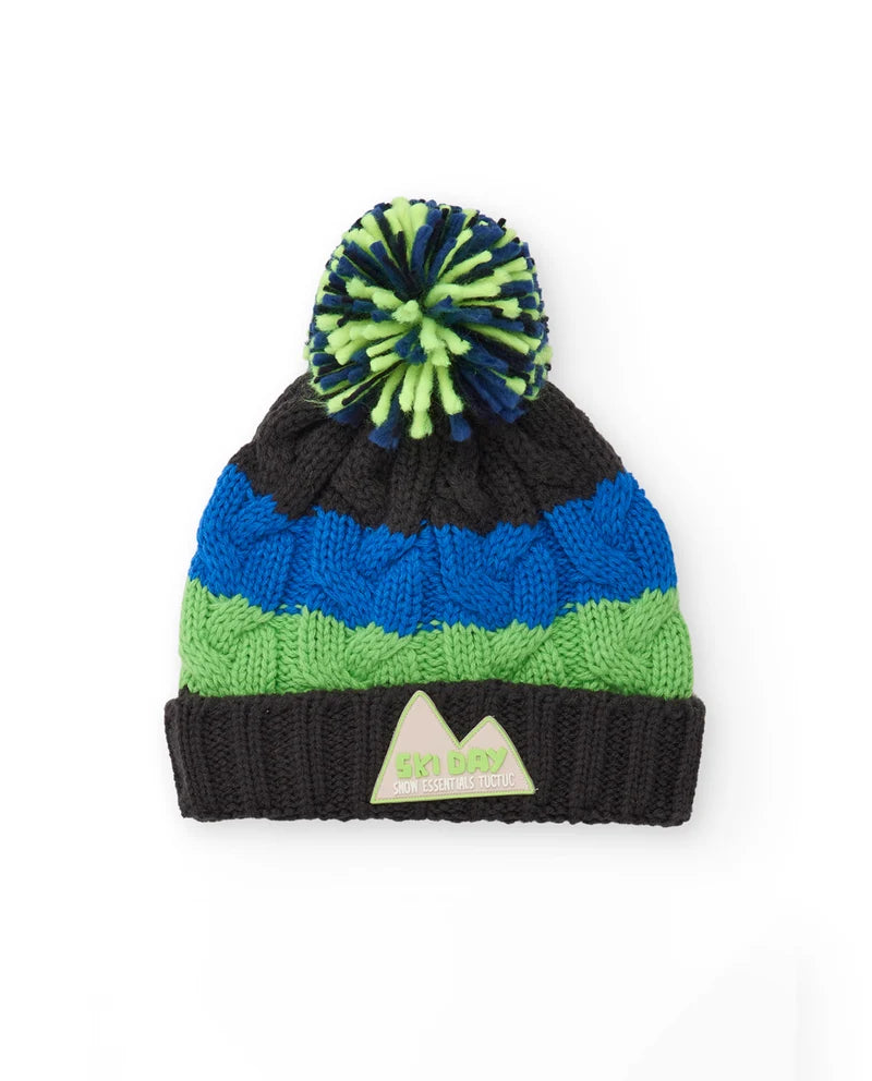 Cappello lavorato a maglia da bambino con pompon e motivo a righe tuc tuc