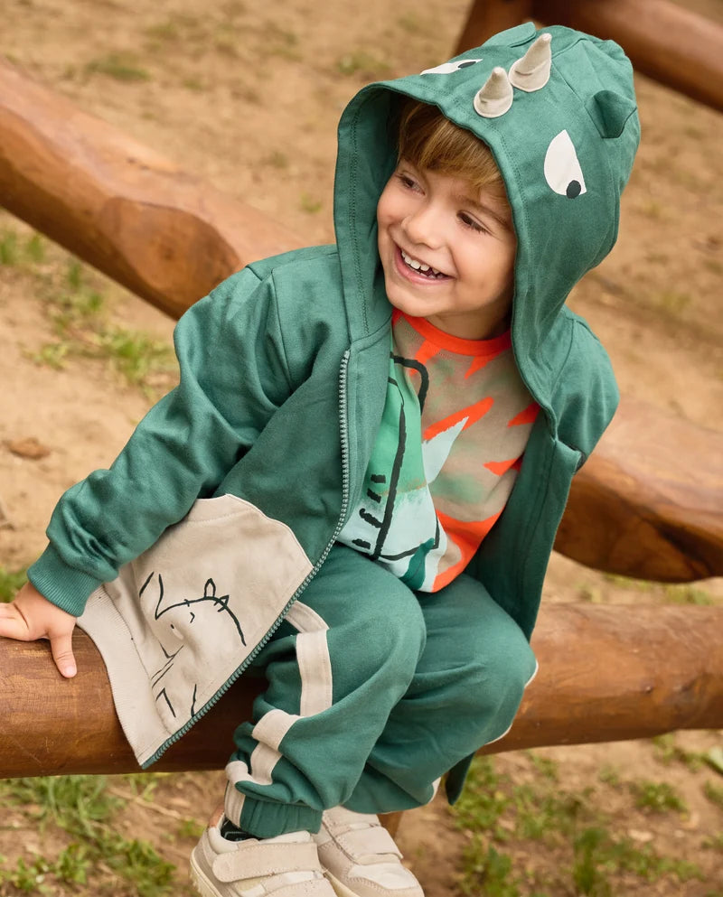 Completo da bambino in felpa con felpa con cappuccio con rinoceronte e pantaloni tuc tuc