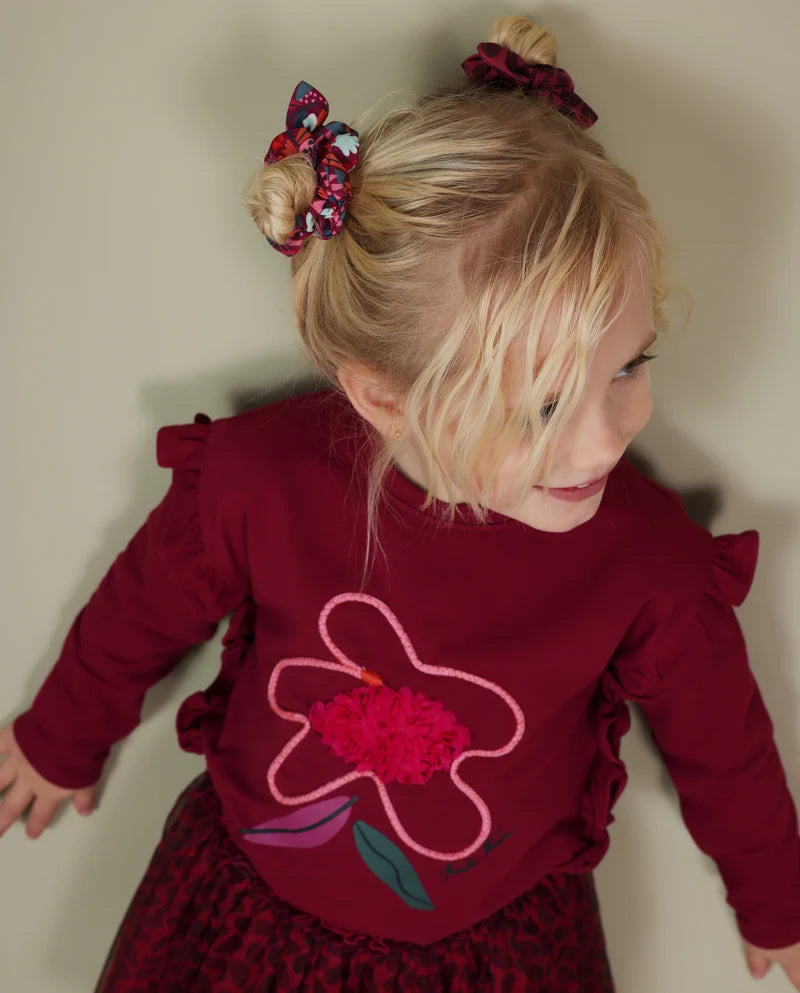 Maglietta da bambina in maglia con volant sulle maniche e fantasia florea tuc tuc