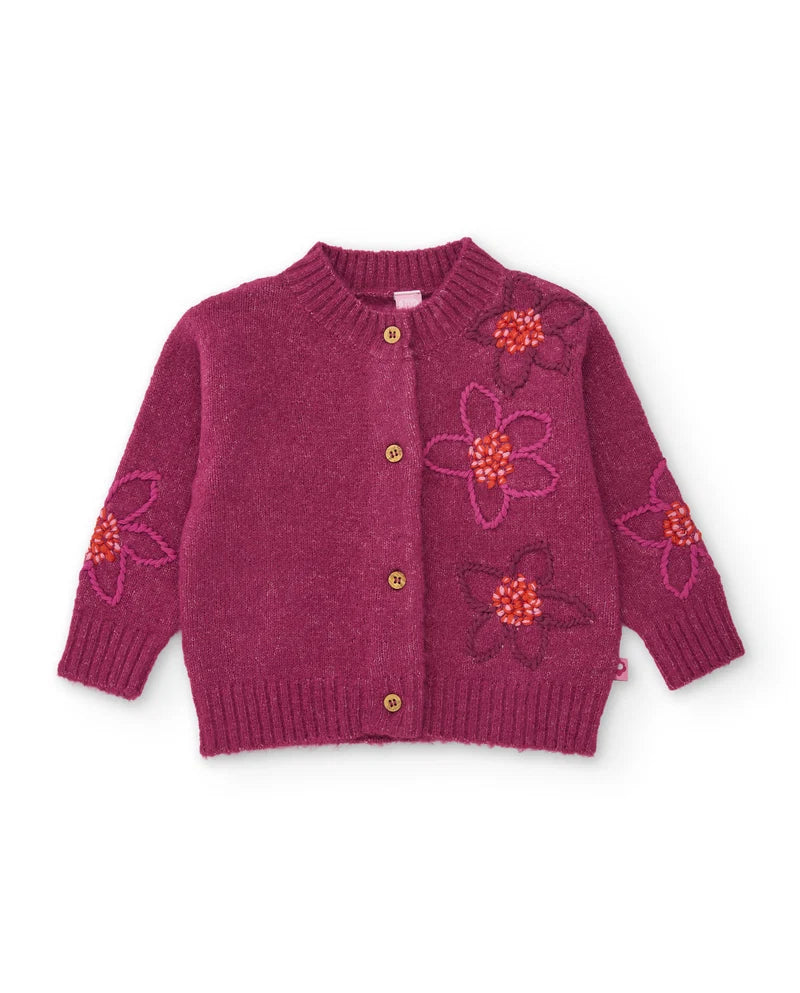 Cardigan da bambina in tricot con ricamo floreale e design avvolgente tuc tuc