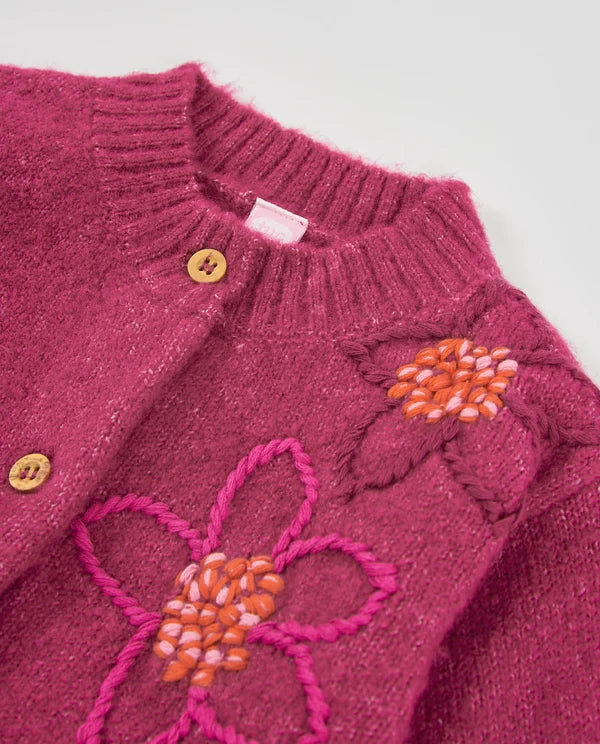 Cardigan da bambina in tricot con ricamo floreale e design avvolgente tuc tuc