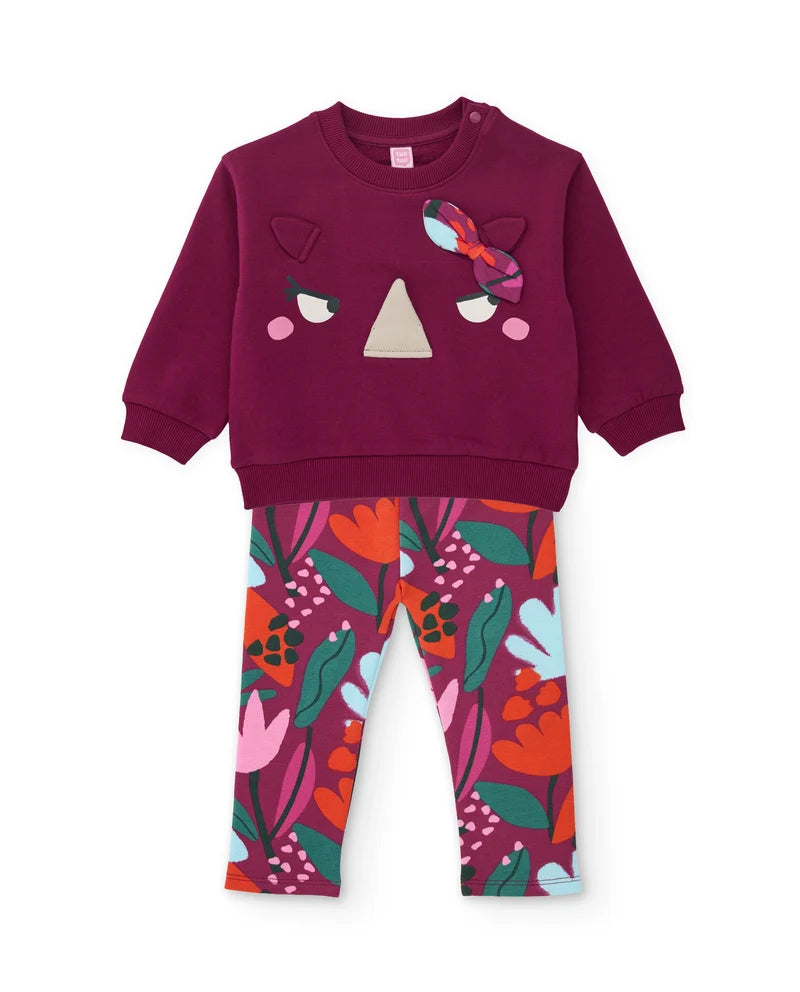 Completo da bambina in felpa con felpa con rinoceronte e leggings floreali tuc tuc