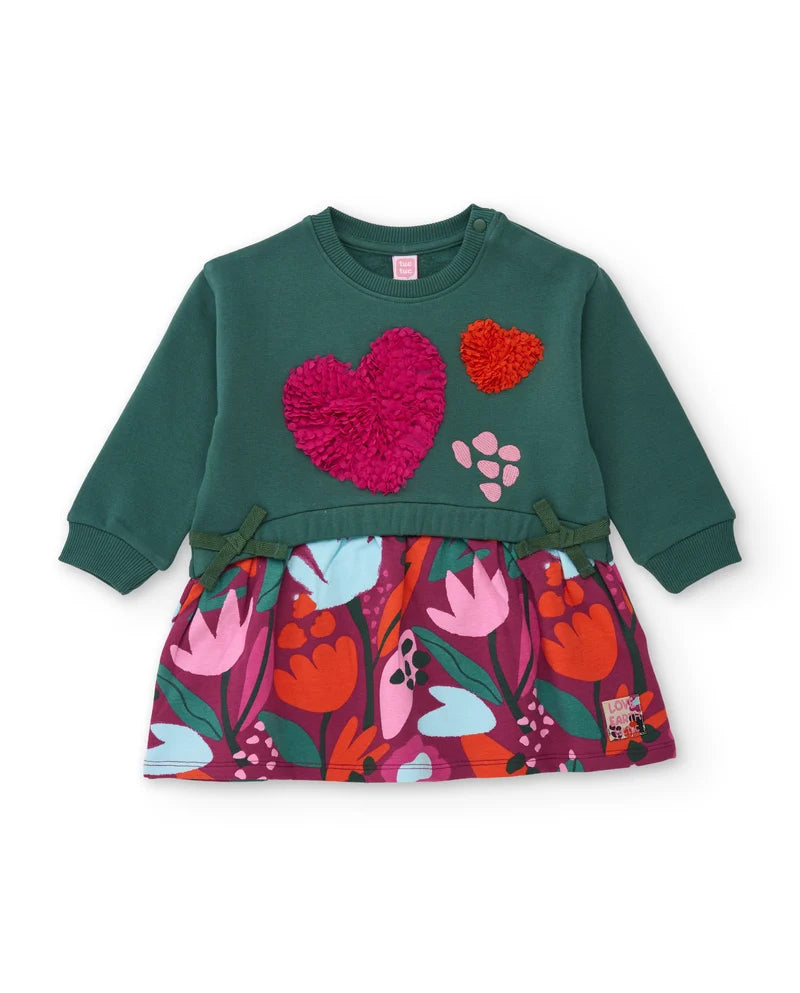 Vestito da bambina in felpa con dettaglio di cuori e stampa floreale tuc tuc