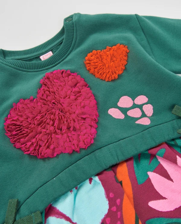 Vestito da bambina in felpa con dettaglio di cuori e stampa floreale tuc tuc
