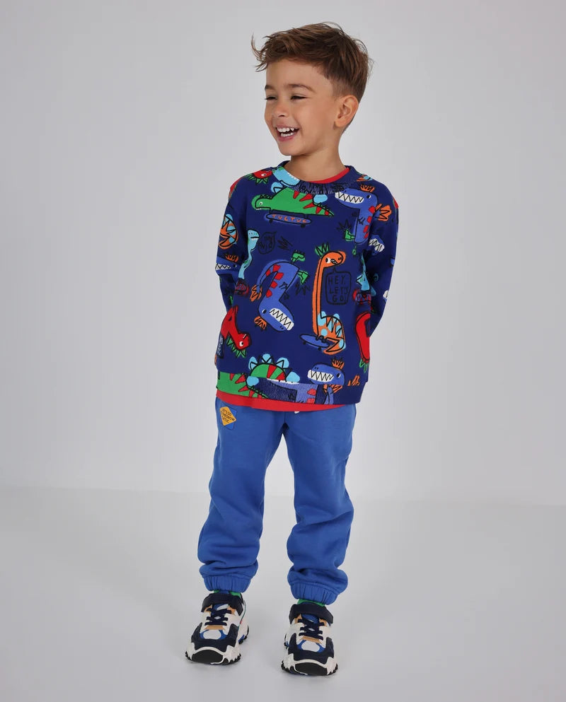 Completo da bambino in felpa con felpa con stampa di dinosauri e pantaloni tuc tuc