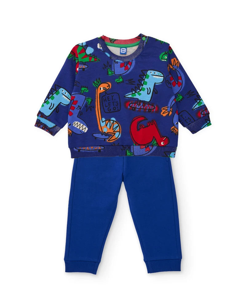 Completo da bambino in felpa con felpa con stampa di dinosauri e pantaloni tuc tuc