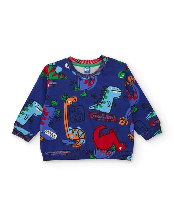 Completo da bambino in felpa con felpa con stampa di dinosauri e pantaloni tuc tuc