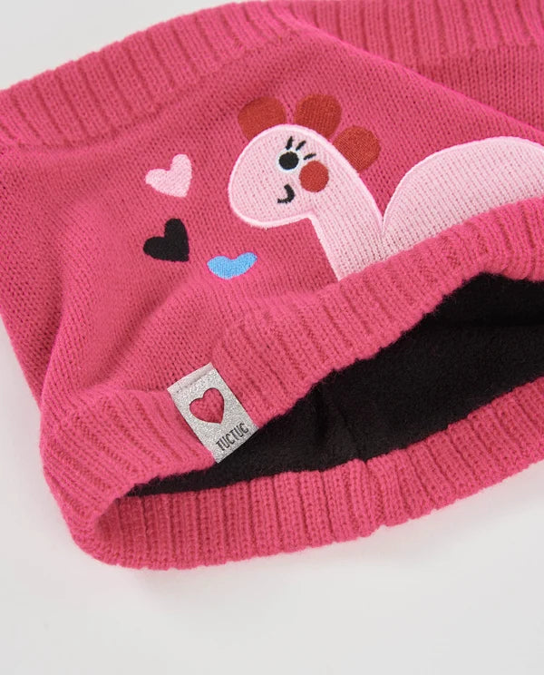 Set berretto e scaldacollo in maglia per bambina con motivo dinosauro tuc tuc