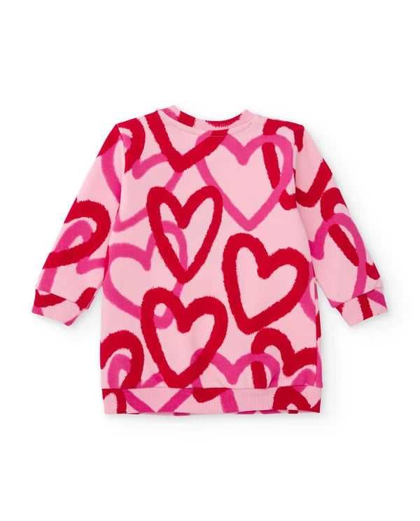 Vestito da bambina in felpa con stampa di cuori e tessuto morbido tuc tuc
