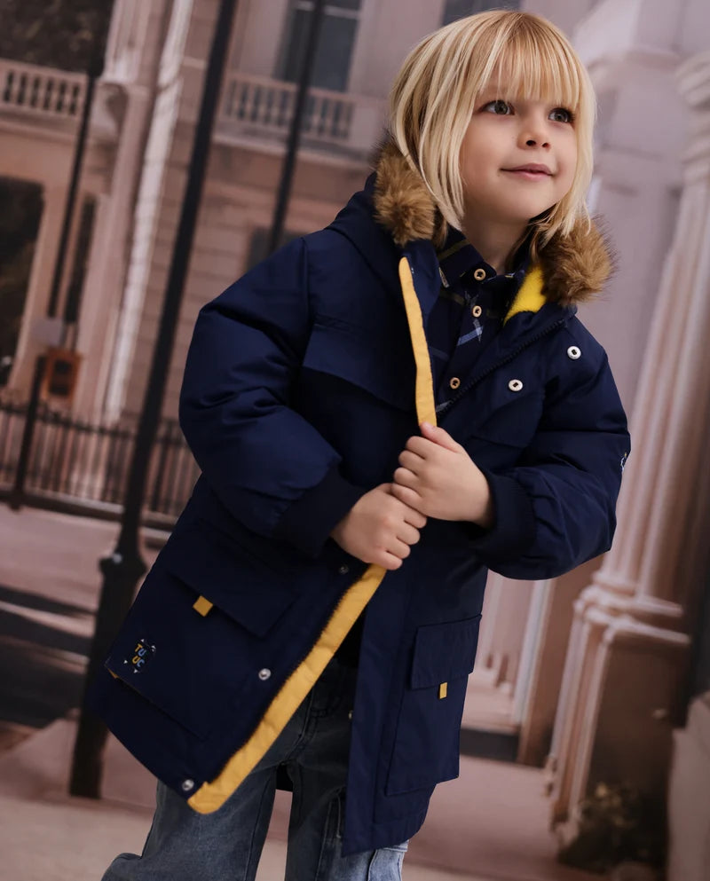 Cappotto da bambino con cappuccio bordato in pelliccia e fodera in pile tuc tuc