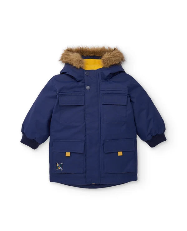 Cappotto da bambino con cappuccio bordato in pelliccia e fodera in pile tuc tuc