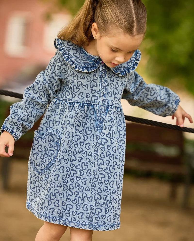 Vestito da bambina in denim con stampa a cuori e tessuto morbido tuc tuc