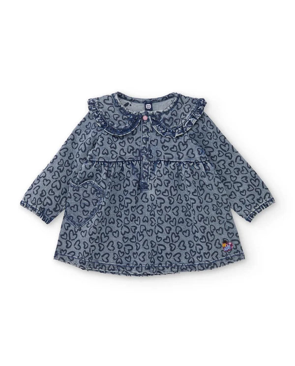 Vestito da bambina in denim con stampa a cuori e tessuto morbido tuc tuc