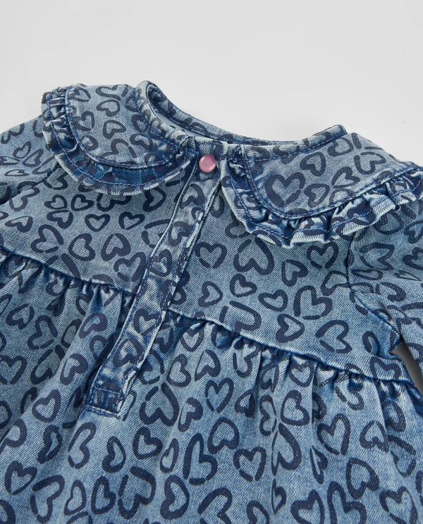 Vestito da bambina in denim con stampa a cuori e tessuto morbido tuc tuc