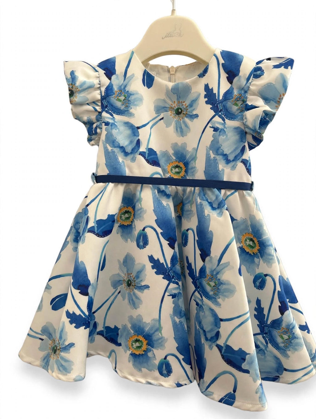 Abito Bambina Illiana Fiori Blu Acquerello con Volant e Nastrino