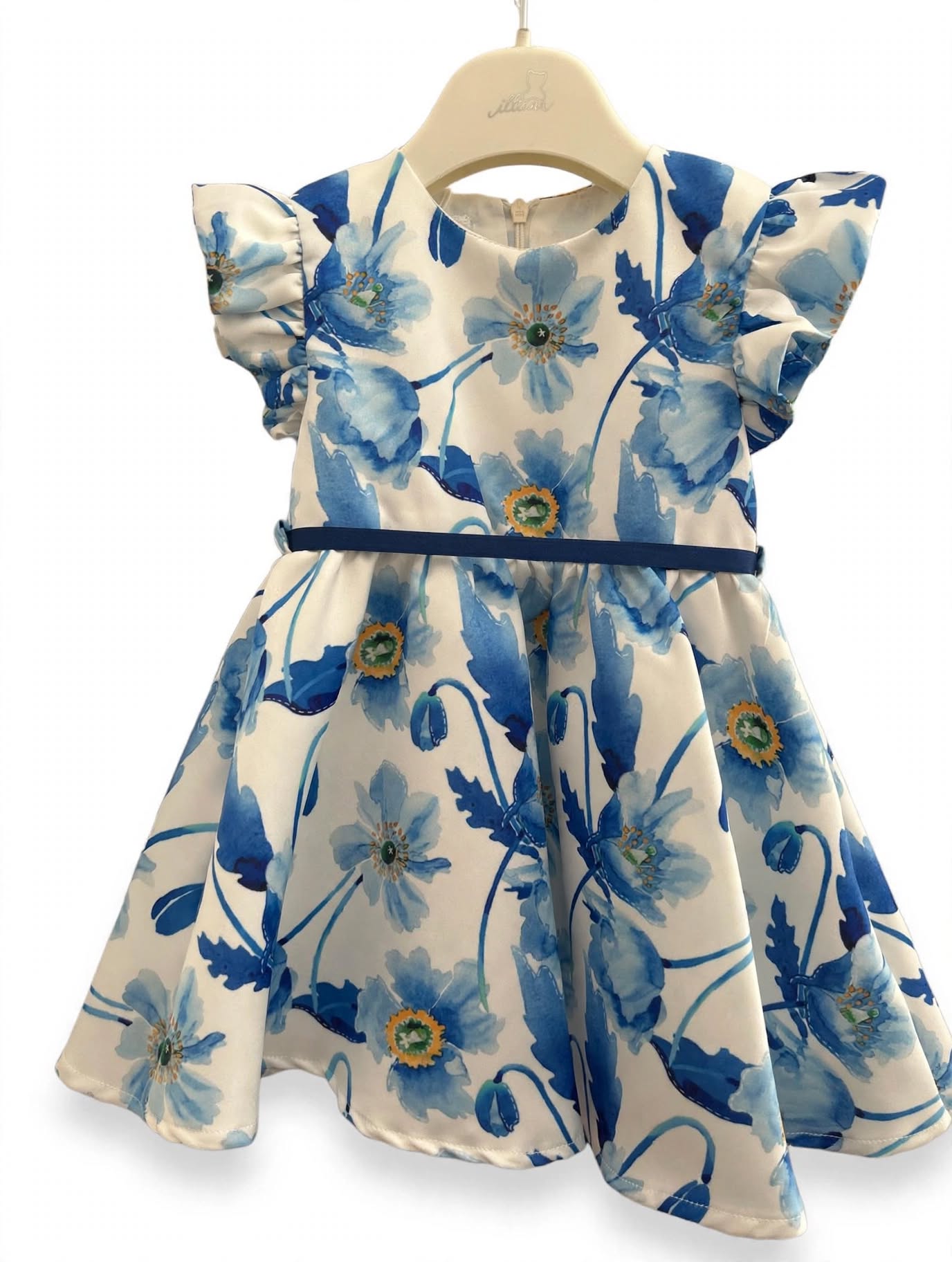 Abito Bambina Illiana Fiori Blu Acquerello con Volant e Nastrino