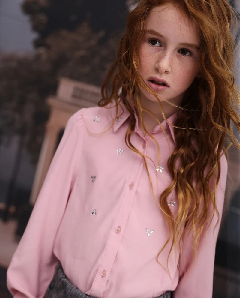 Camicia per bambina in tessuto a tela con decorazioni di gemme e maniche lunghe nath kids