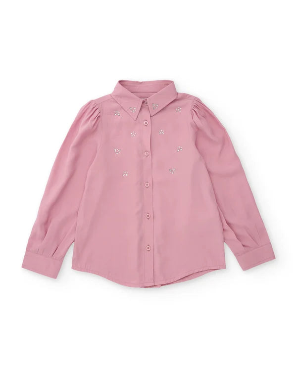 Camicia per bambina in tessuto a tela con decorazioni di gemme e maniche lunghe nath kids