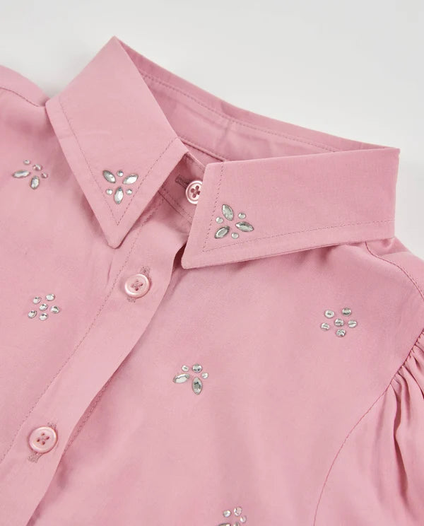 Camicia per bambina in tessuto a tela con decorazioni di gemme e maniche lunghe nath kids