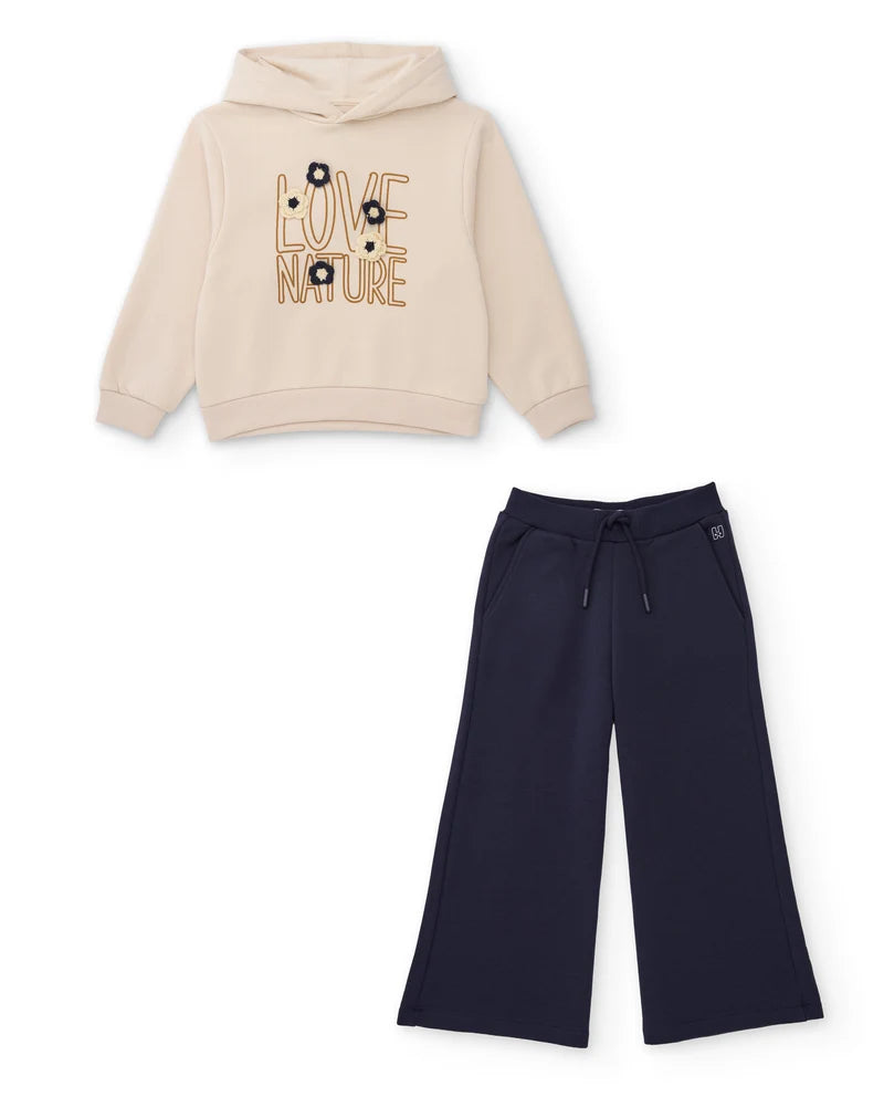 Completo da bambina in maglia con felpa con cappuccio e ricamo floreale nath kids