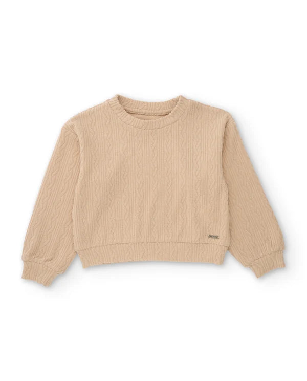 completo da bambina in tricot, maglione dal taglio ampio e tonalità beige, Pantalone a gamba larga e finitura testurizzata  nath kids