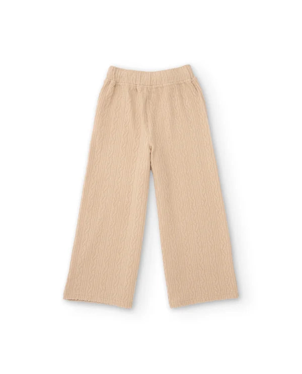 completo da bambina in tricot, maglione dal taglio ampio e tonalità beige, Pantalone a gamba larga e finitura testurizzata  nath kids