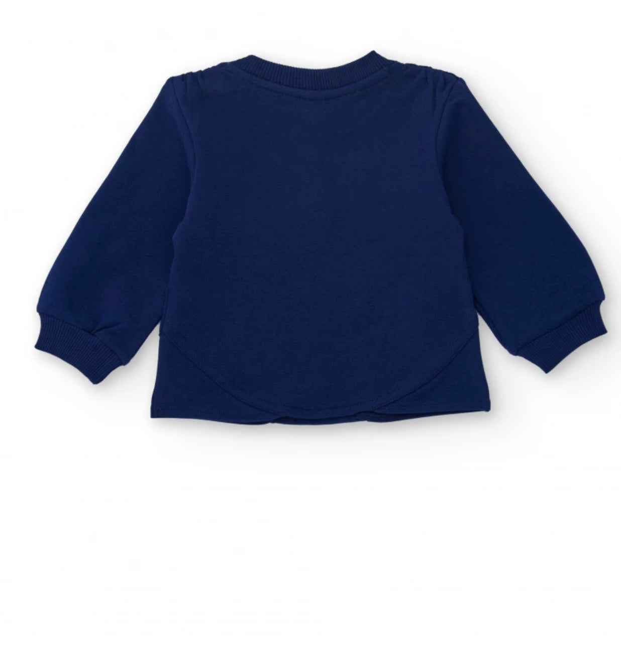 Felpa blu navy per bambina con cuore brillante e design posteriore asimmetrico.