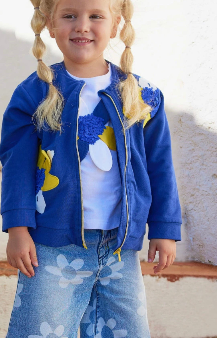 Giacca di felpa per bambina blu con applicazioni di fiori e cerniera