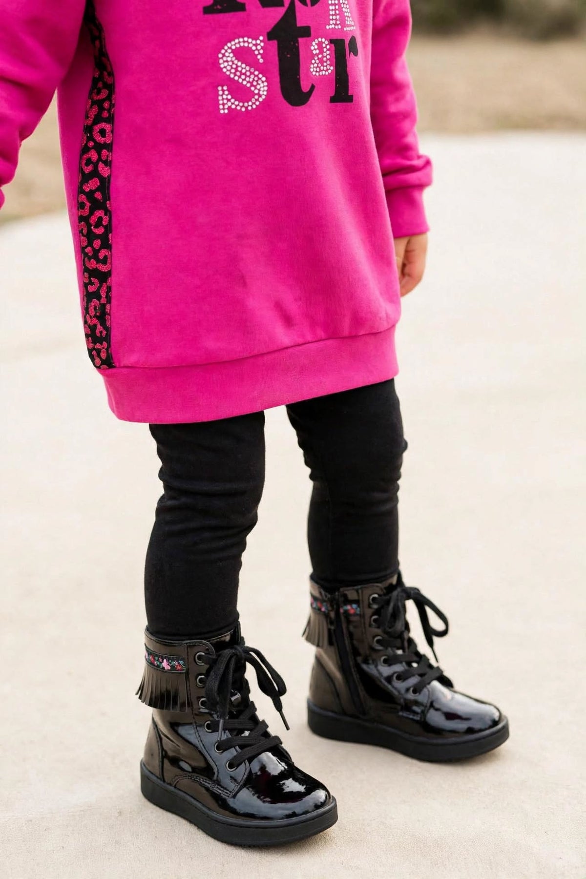 Vestito Felpa Bambina-ragazza Fucsia Rock Star con Strass e Banda Leopardata Glitterata .Ubs.2