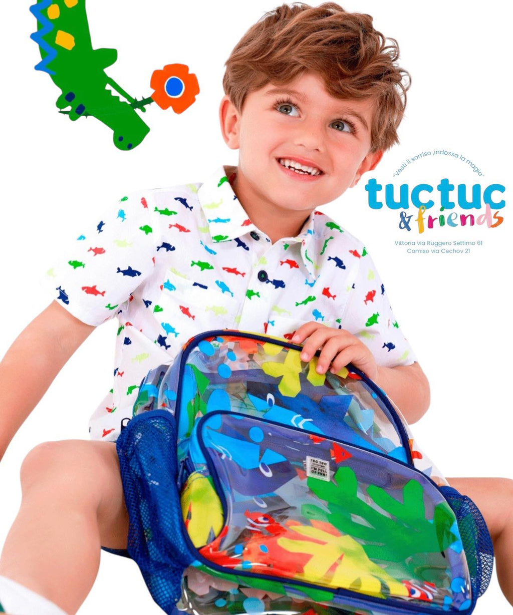 Camicia per bambino bianca con squali multicolori