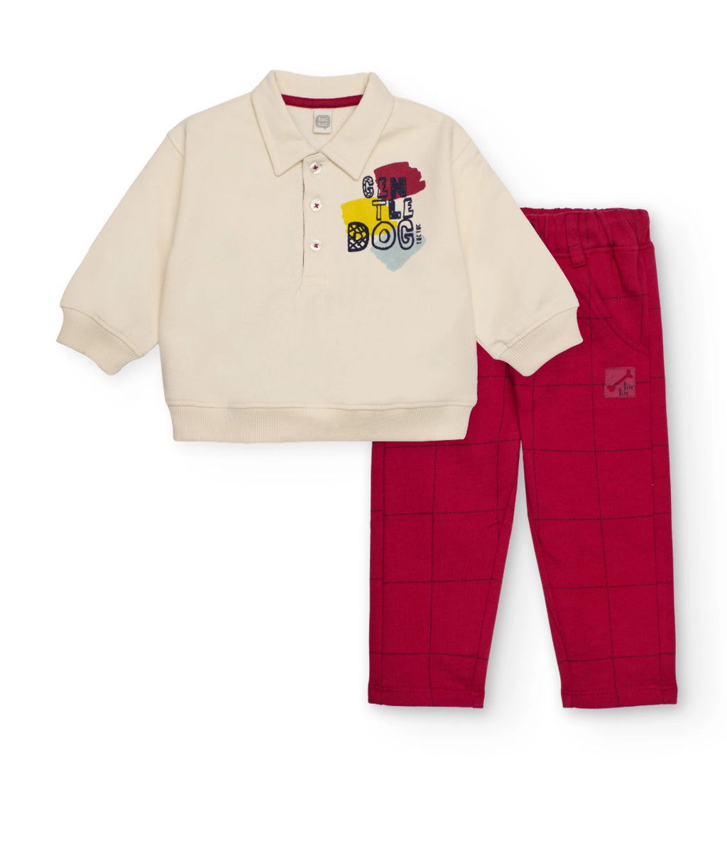 Completo per bambino in panna e bordeaux con stampa cagnolino