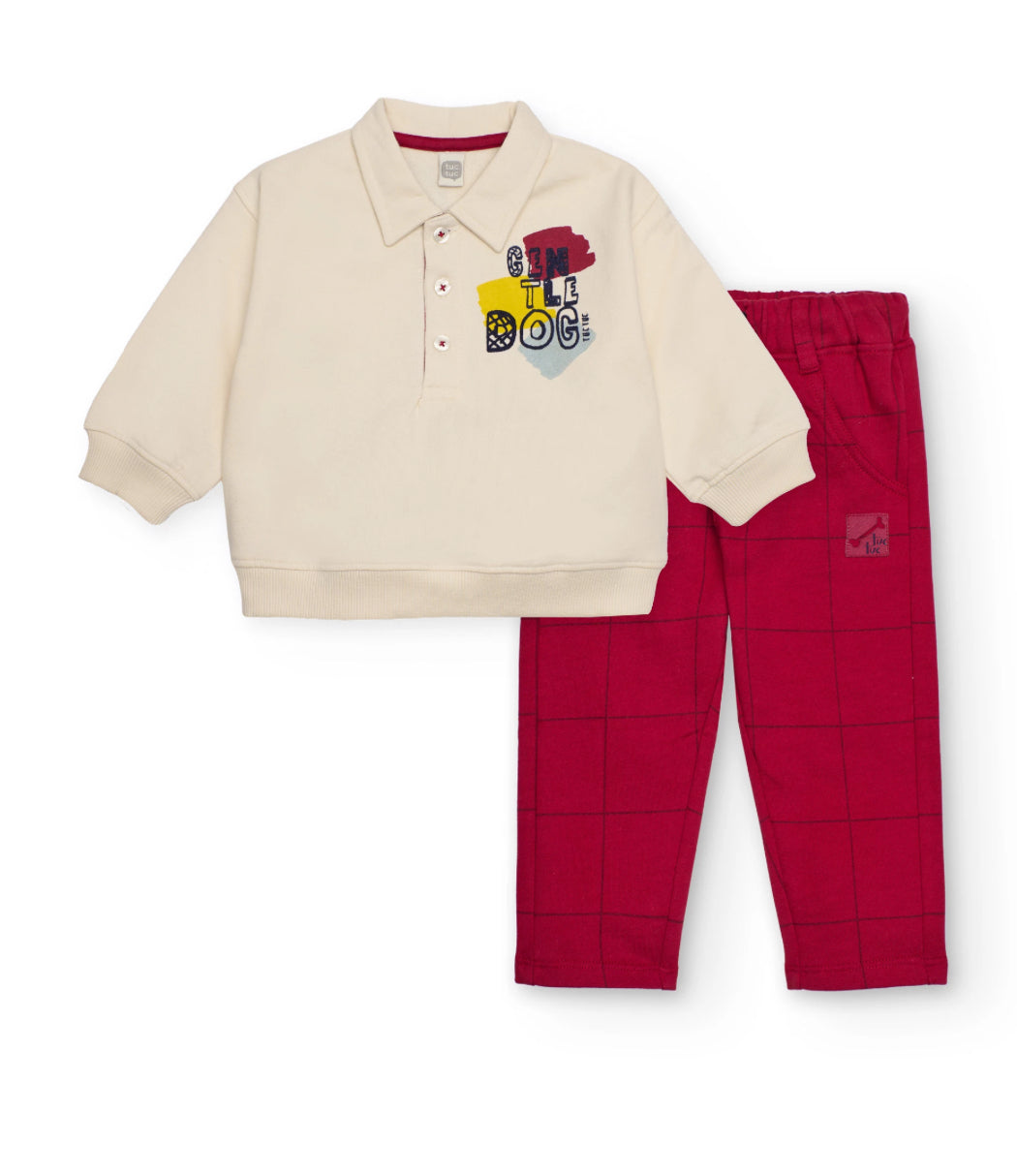 Completo per bambino in panna e bordeaux con stampa cagnolino