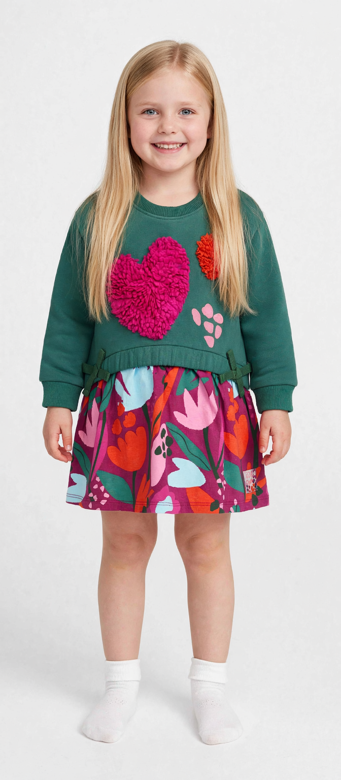 Vestito da bambina in felpa con dettaglio di cuori e stampa floreale tuc tuc