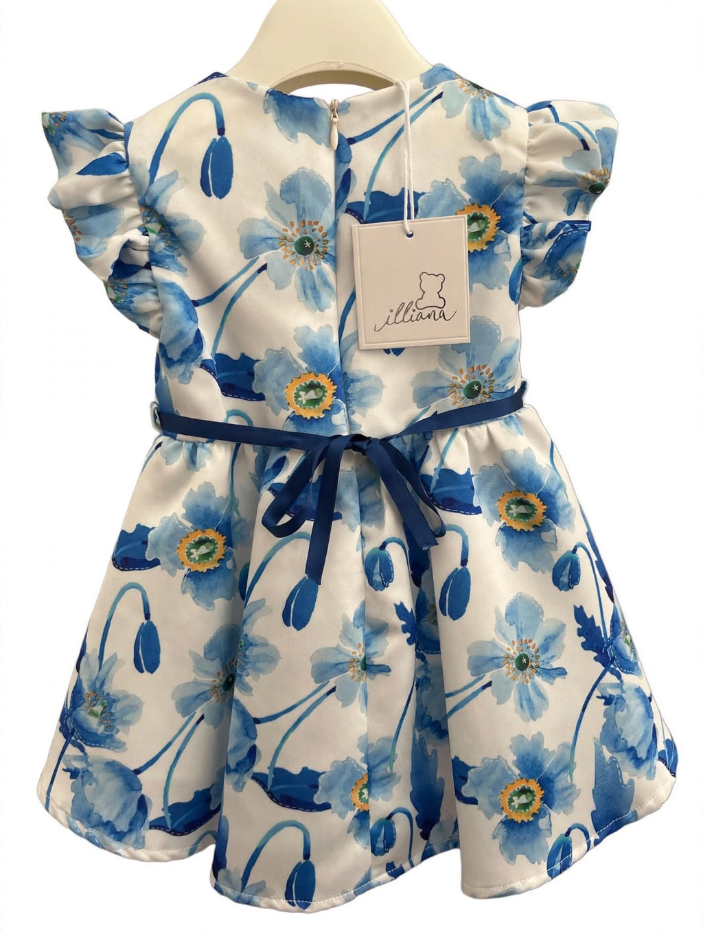 Abito Bambina Illiana Fiori Blu Acquerello con Volant e Nastrino