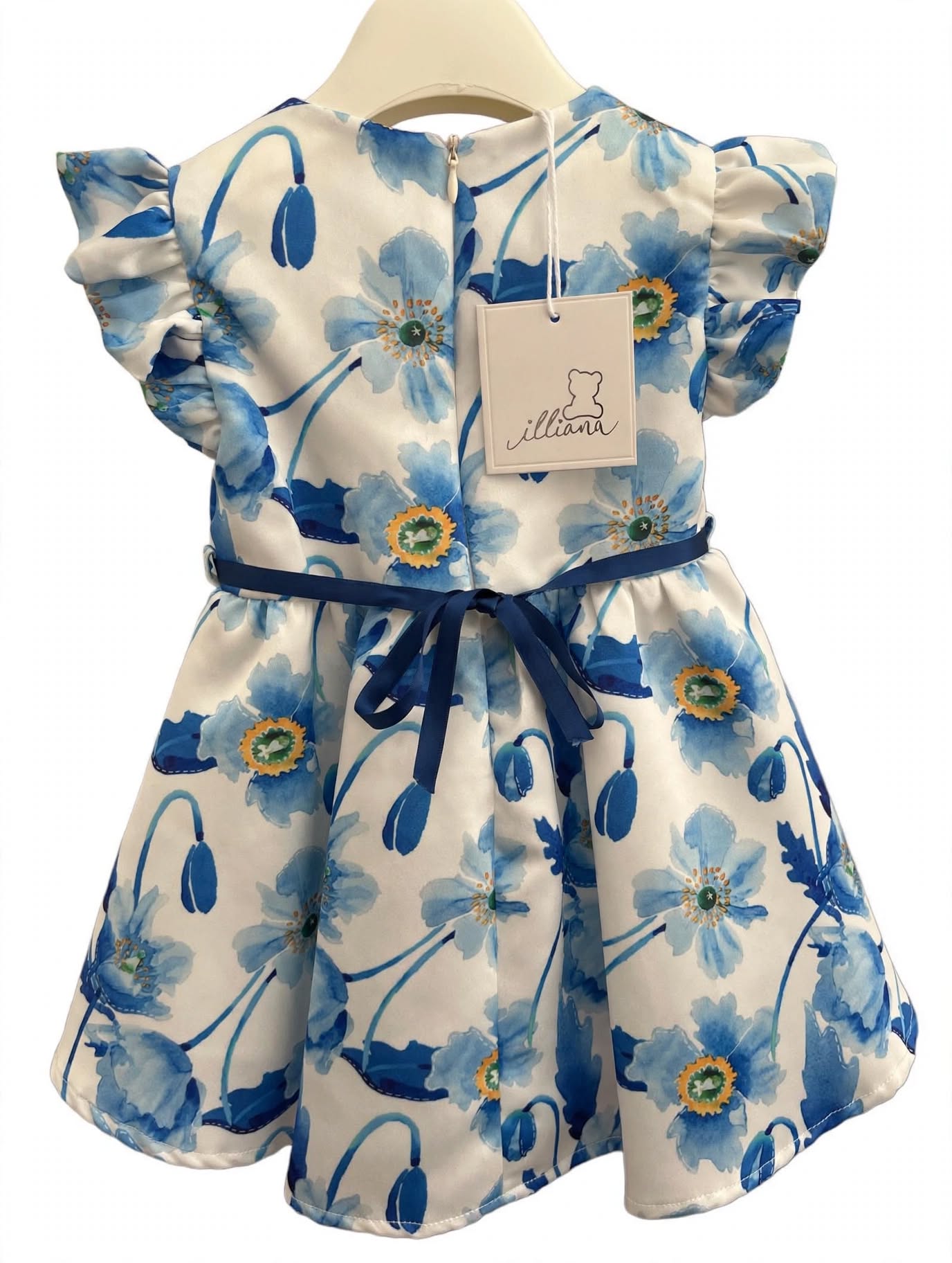 Abito Bambina Illiana Fiori Blu Acquerello con Volant e Nastrino