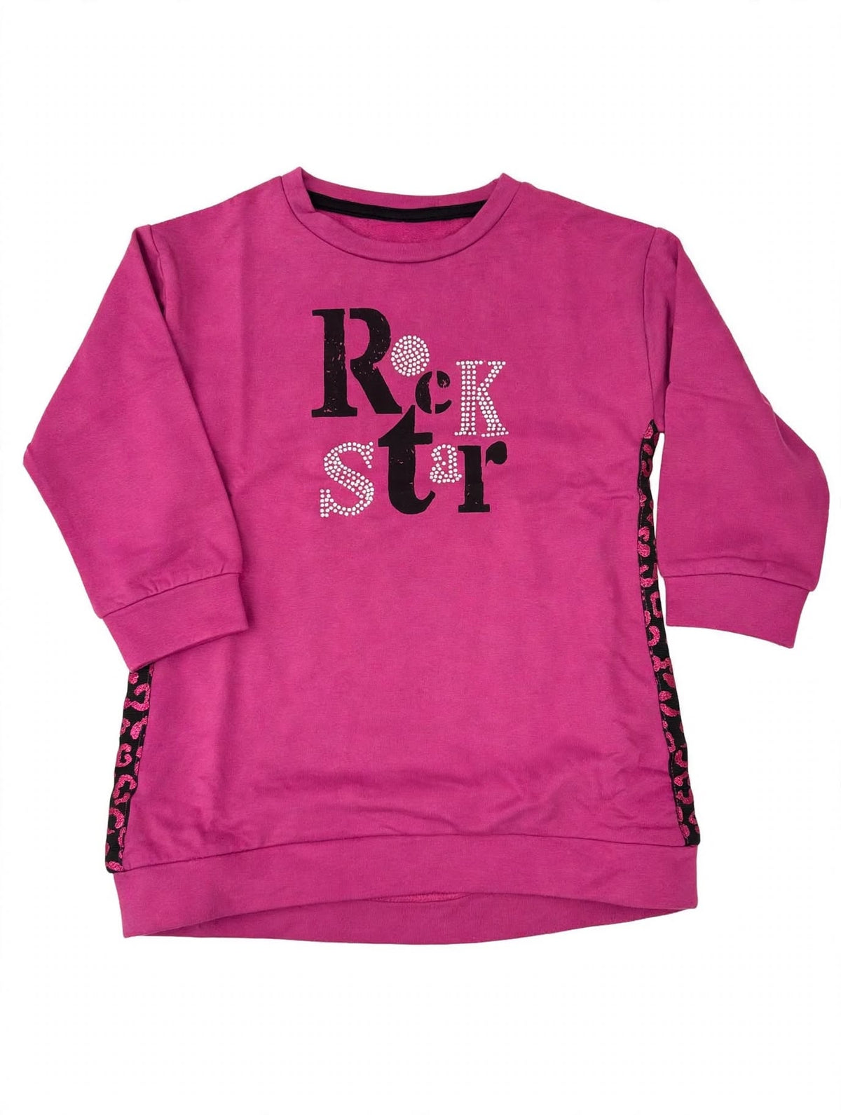 Vestito Felpa Bambina-ragazza Fucsia Rock Star con Strass e Banda Leopardata Glitterata .Ubs.2
