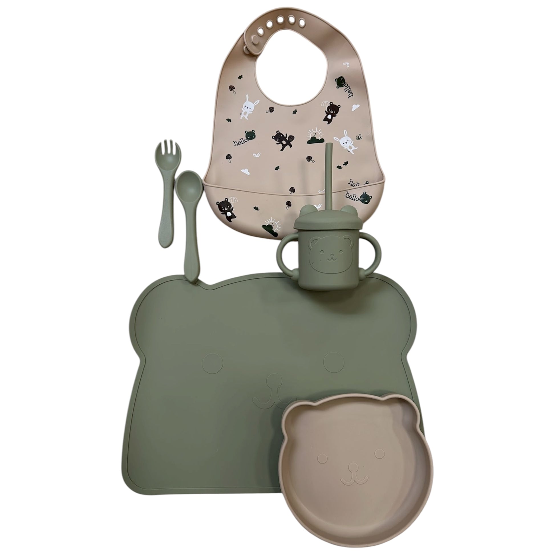 Set pappa in silicone verde e beige