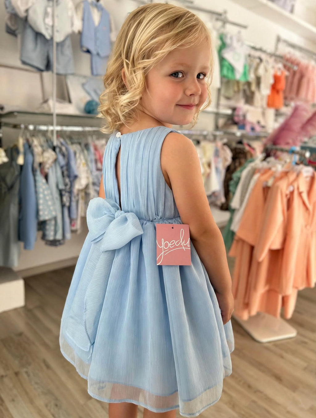 Abito Bambina Yoedu Azzurro Cielo in Chiffon Plissé con Maxi Fiocco - Cerimonia