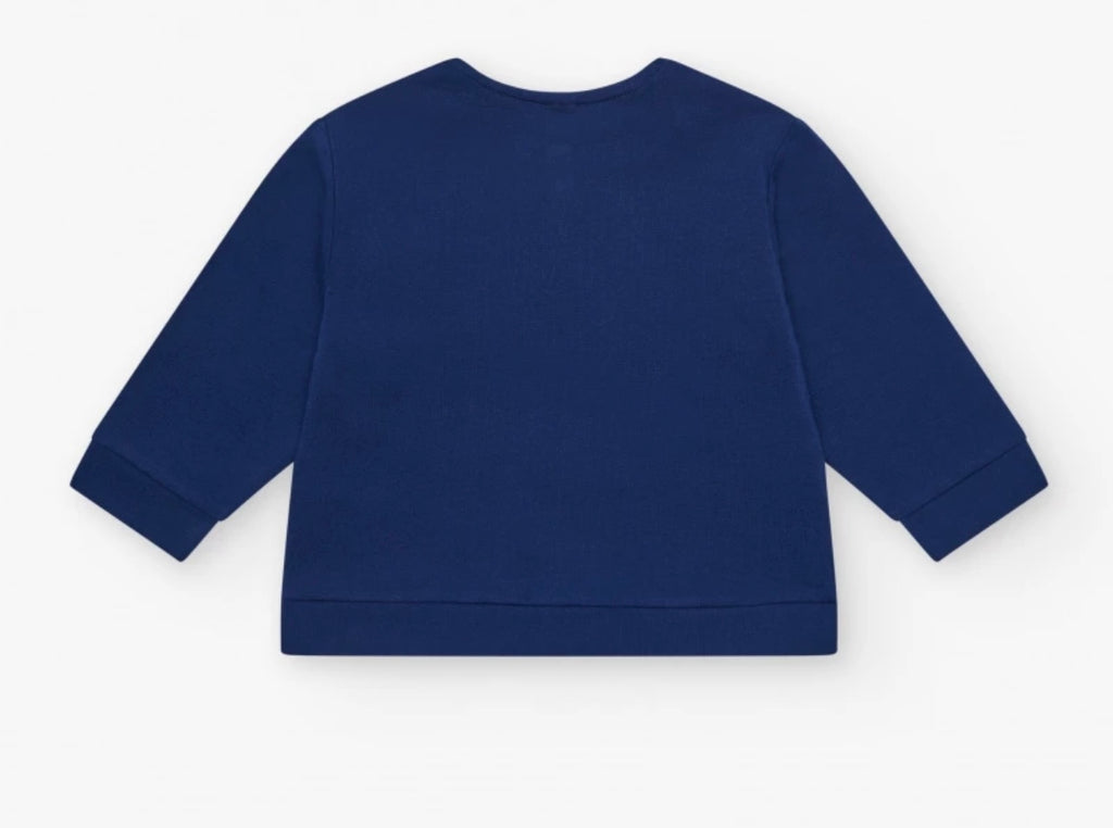 Giacca di felpa per bambina blu con applicazioni di fiori e cerniera