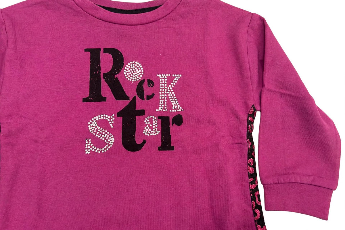 Vestito Felpa Bambina-ragazza Fucsia Rock Star con Strass e Banda Leopardata Glitterata .Ubs.2