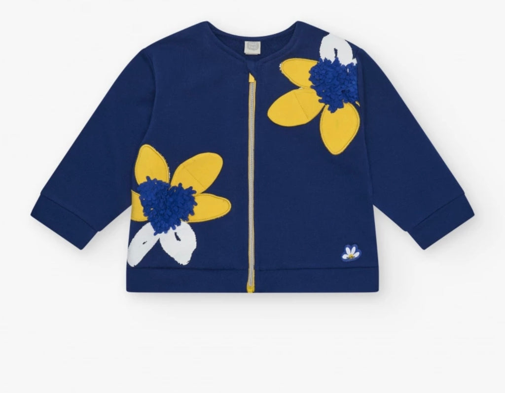 Giacca di felpa per bambina blu con applicazioni di fiori e cerniera