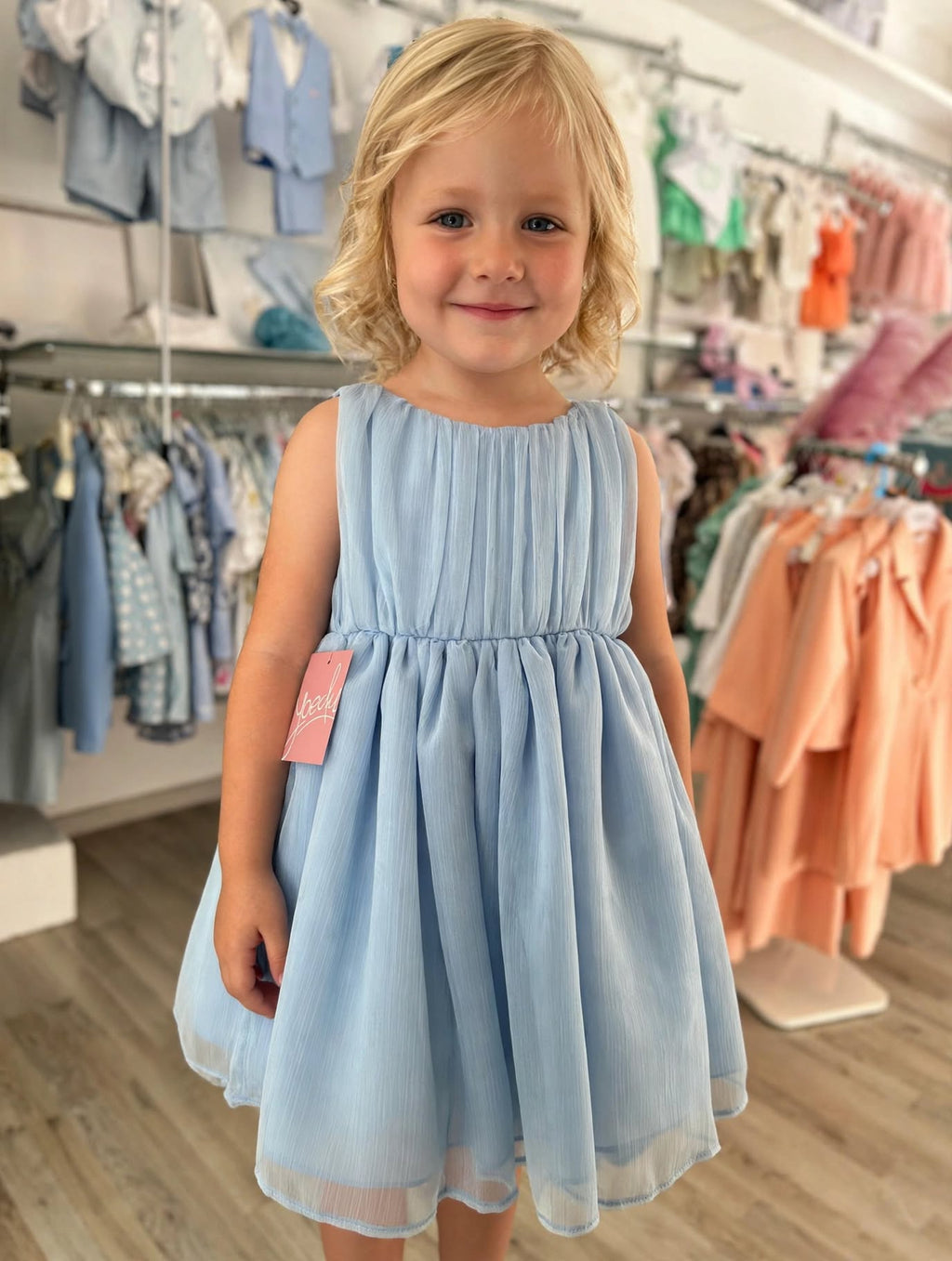 Abito Bambina Yoedu Azzurro Cielo in Chiffon Plissé con Maxi Fiocco - Cerimonia