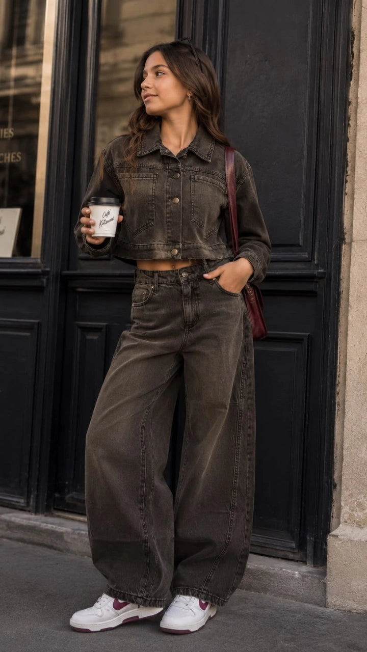 COMPLETO 2 PEZZI DENIM SLAVATO MARRONE - Giacca Crop + Jeans Wide Leg Baggy Phard ragazza