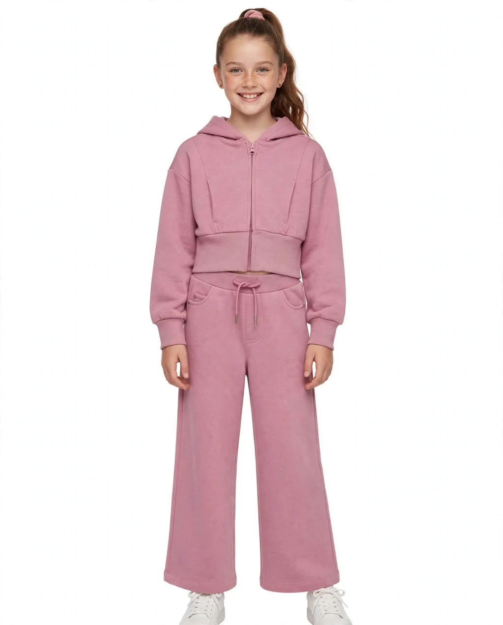 Completo per bambina in maglia con felpa cropped e pantaloni a gamba larga nath kids