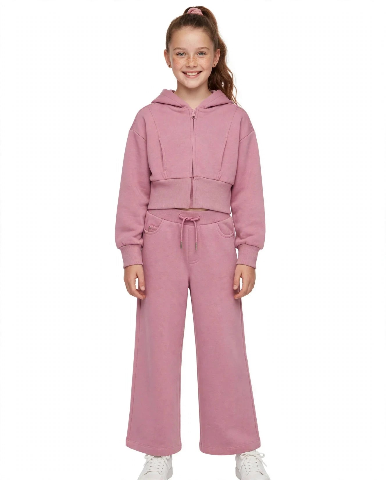 Completo per bambina in maglia con felpa cropped e pantaloni a gamba larga nath kids