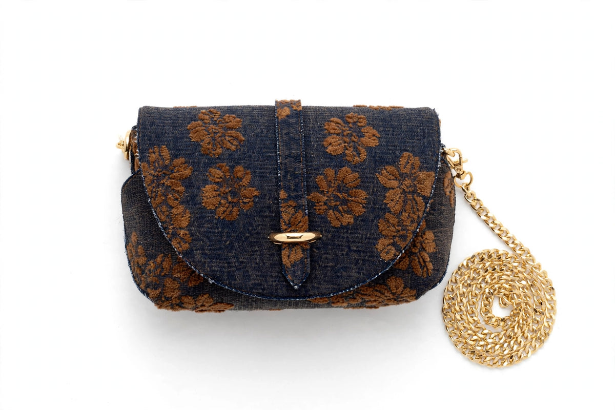 Borsetta a Sella PHARD - Denim Floccato Fiori Marrone con Catena Oro -  PHARDGIRLS BAG