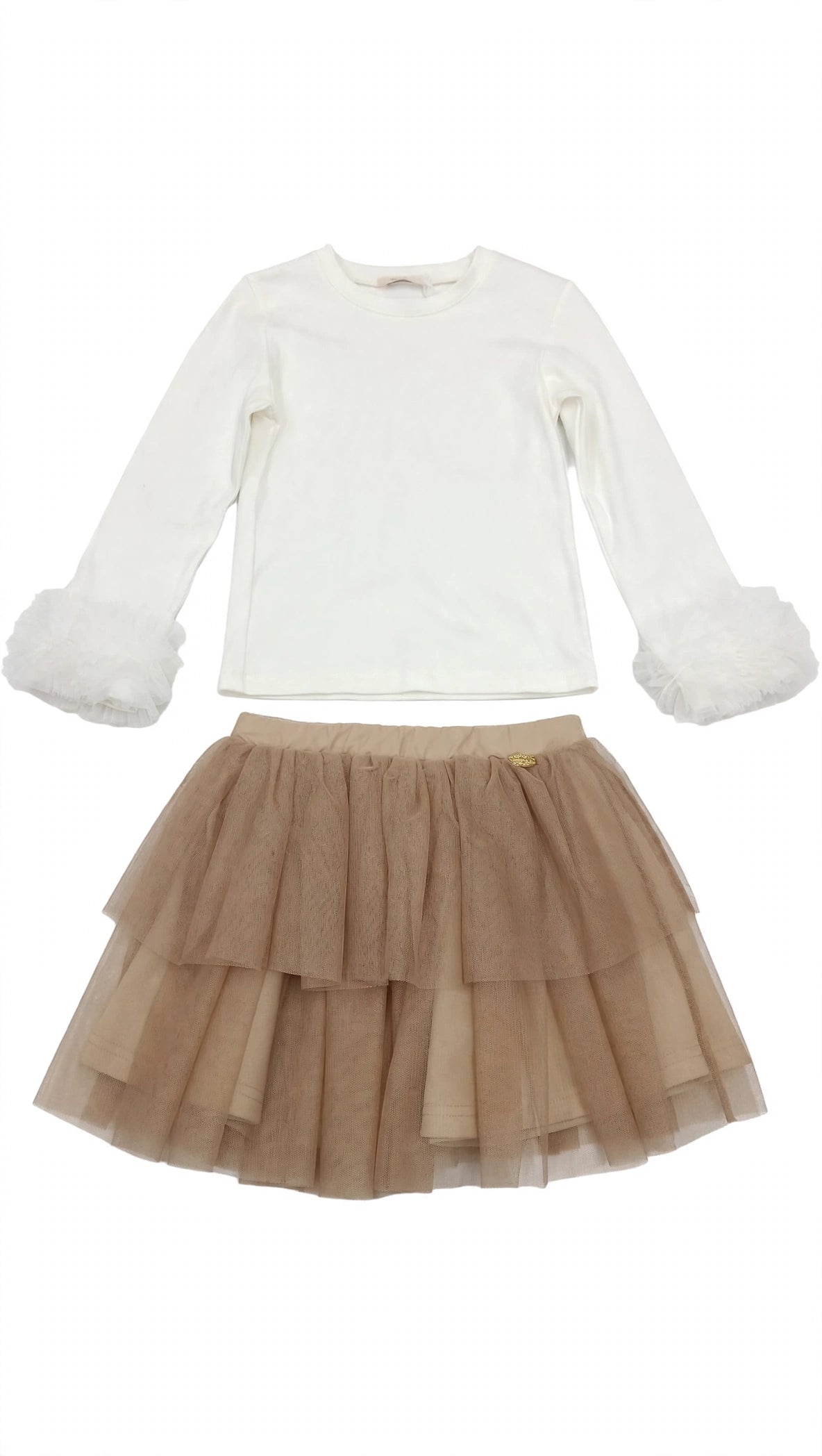 COORDINATO BAMBINA - MAGLIA CON ROUCHES + GONNA TULLE BEIGE