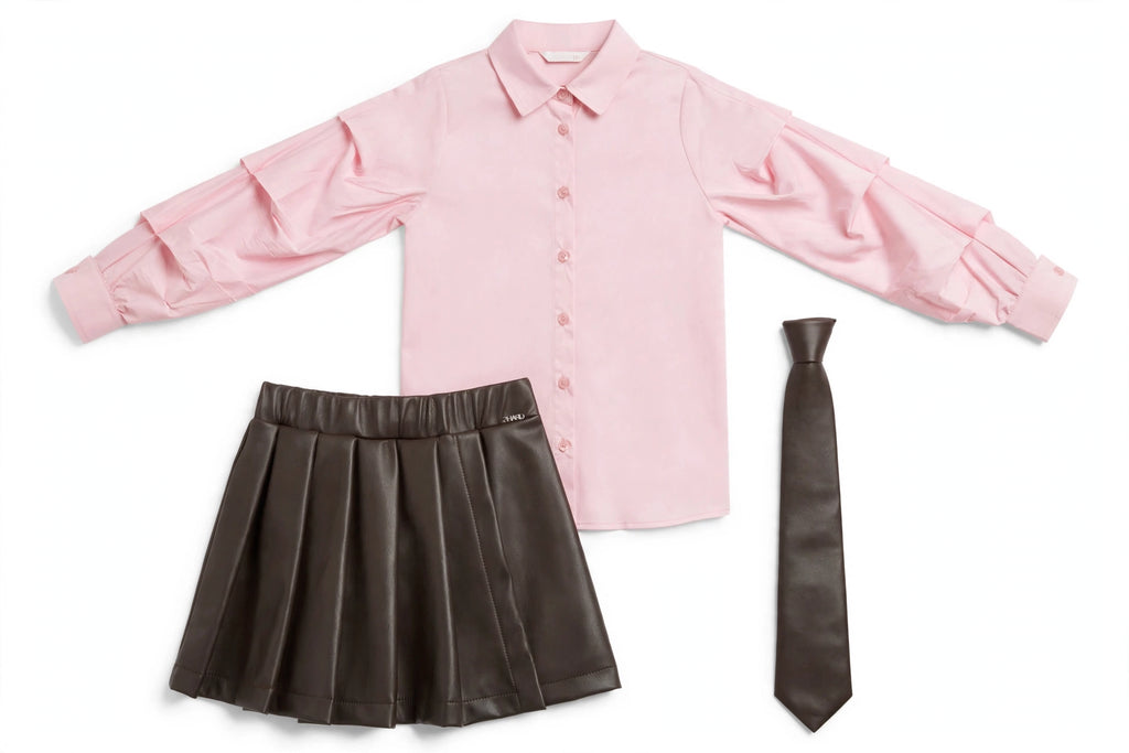 COMPLETO 3 PEZZI PHARD - Camicia Rosa con Balze + Gonna Ecopelle Marrone + Cravatta