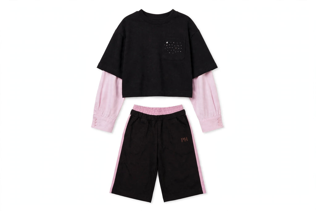 COMPLETO 2 PEZZI PHARD - Felpa con Maniche Camicia Rosa + Bermuda
