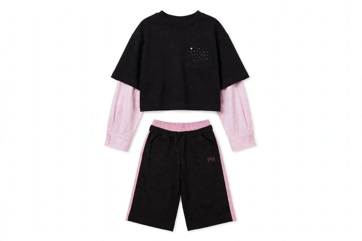 COMPLETO 2 PEZZI PHARD - Felpa con Maniche Camicia Rosa + Bermuda
